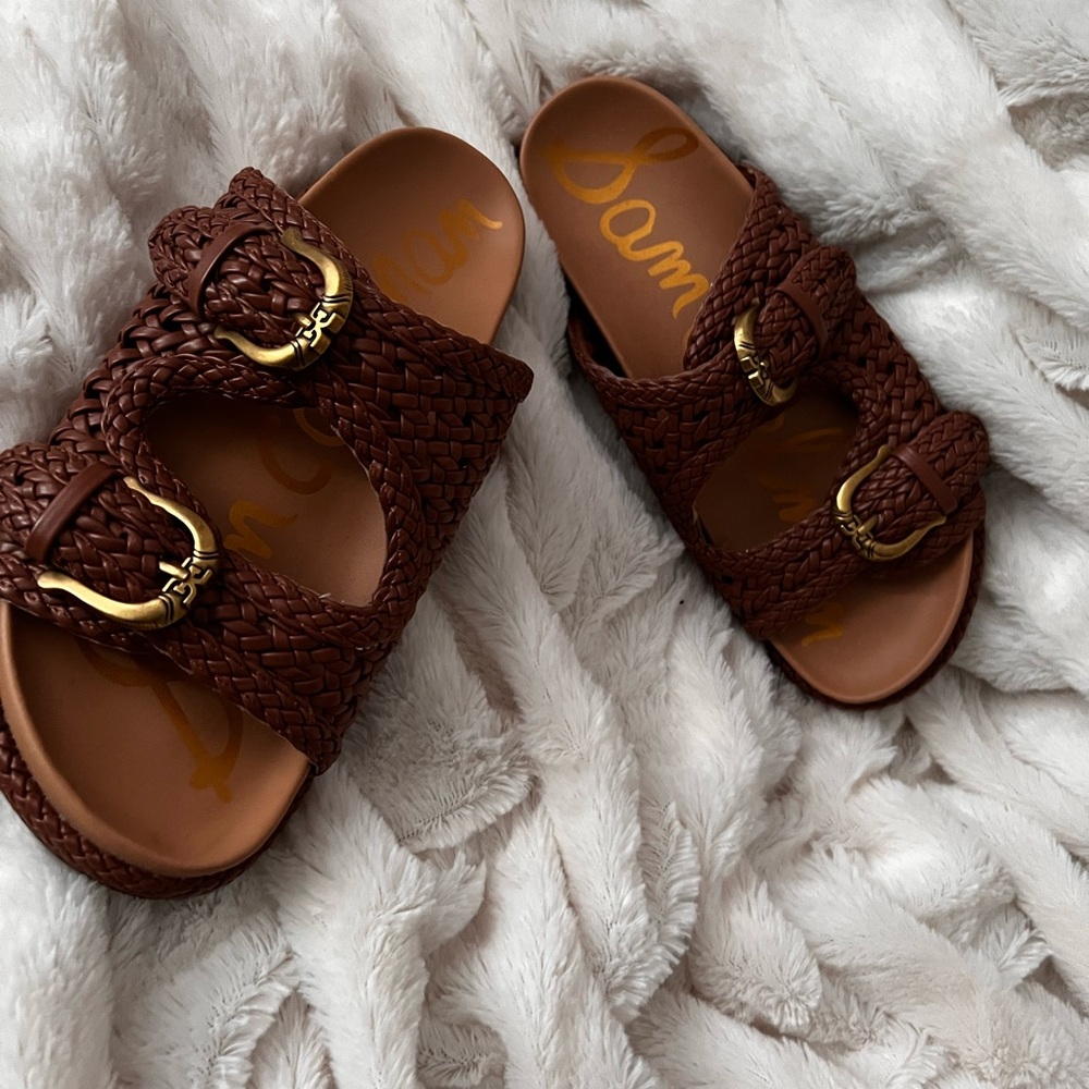 Sam Edelman, Reid, Cognac Woven Double Buckle Platform Sandals